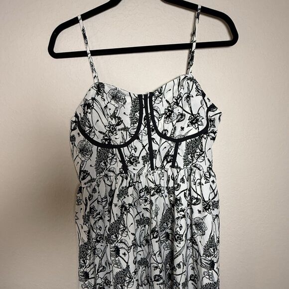 Women's Black and White Floral Structured Corset Cami Romantic Midi Dress - Picture 2 of 6